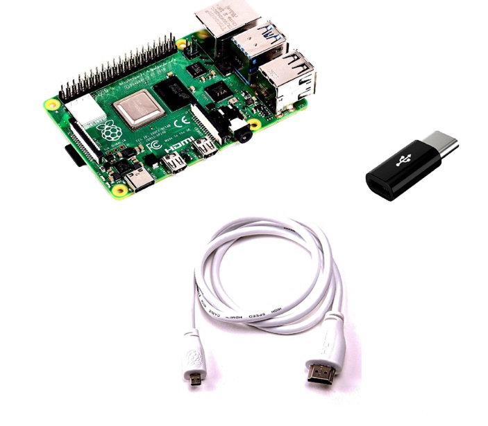 Combo of Raspberry Pi 4 Model-B with 1 GB RAM + Micro-HDMI Cable + Micro-USB to C type Converter